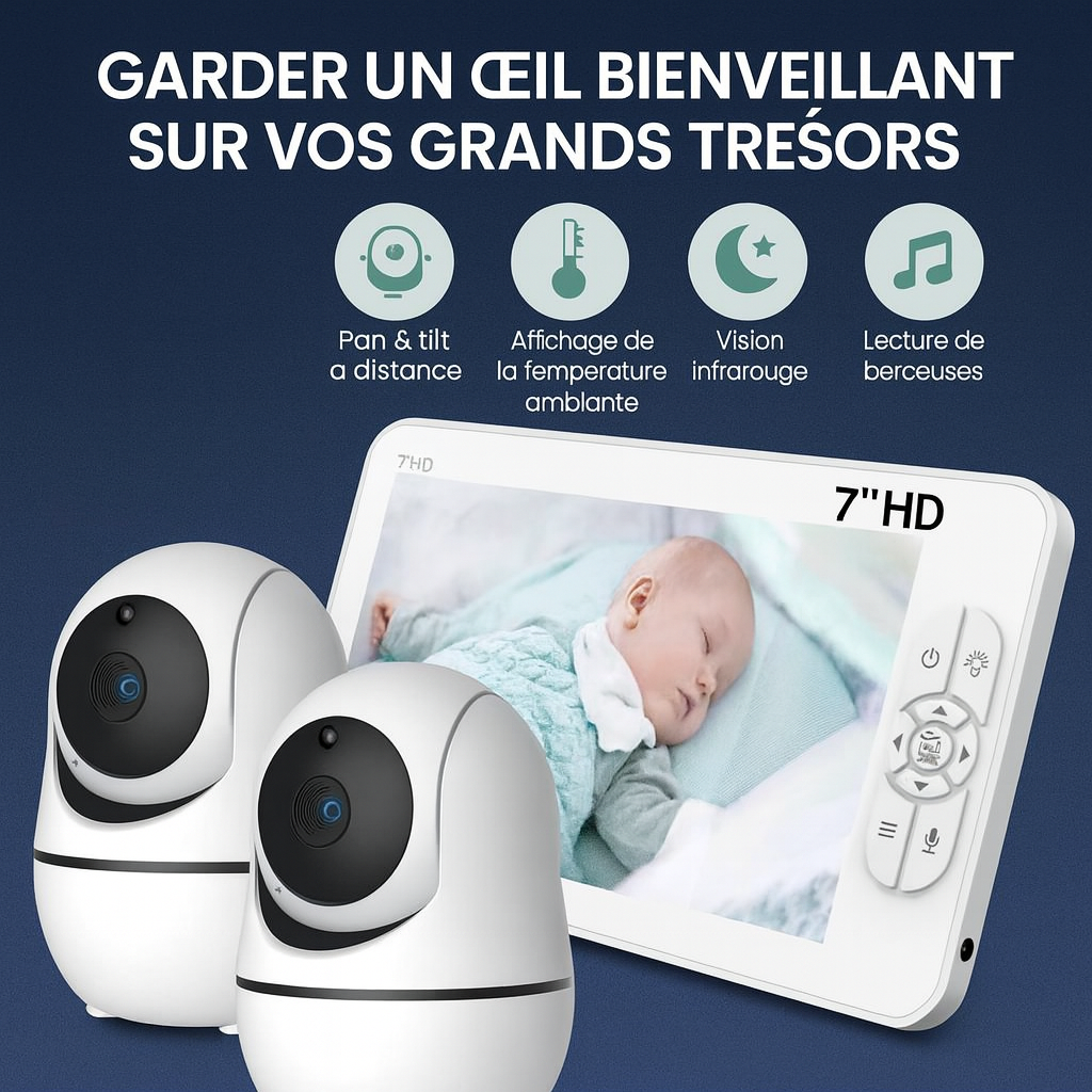 Moniteur bébé SM70 7’’ HD avec 2 caméras – Écran partagé, Zoom 4X, Audio bidirectionnel, Vision nocturne, Batterie 4000mAh