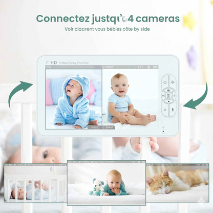Moniteur bébé SM70 7’’ HD avec 2 caméras – Écran partagé, Zoom 4X, Audio bidirectionnel, Vision nocturne, Batterie 4000mAh