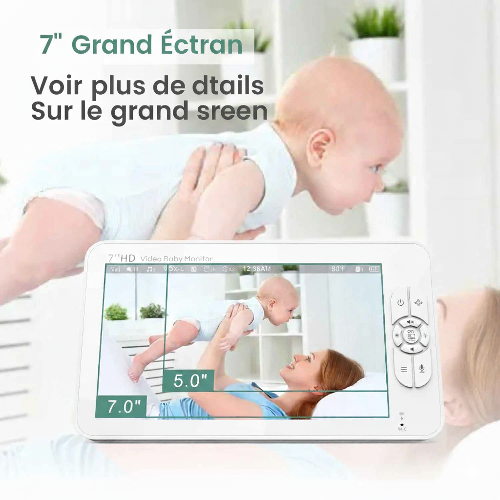 Moniteur bébé SM70 7’’ HD avec 2 caméras – Écran partagé, Zoom 4X, Audio bidirectionnel, Vision nocturne, Batterie 4000mAh